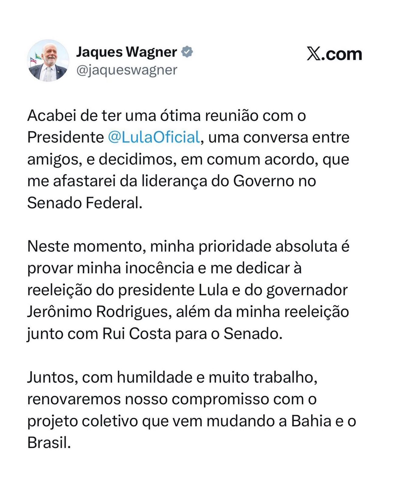 Após reunião com o presidente Lula, Jaques Wagner anuncia saída da liderança do governo no Senado